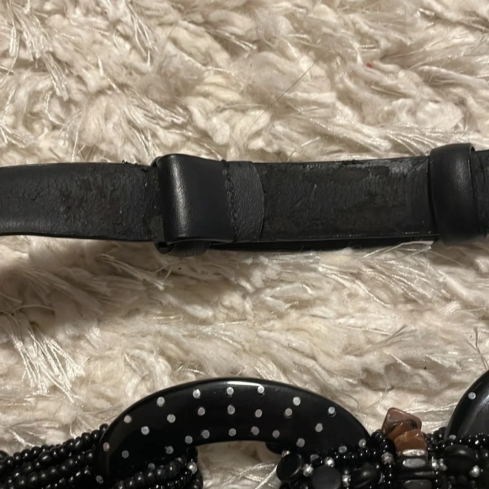 Chico's Black Silver Polka Dot Beaded Adjustable Leather Belt